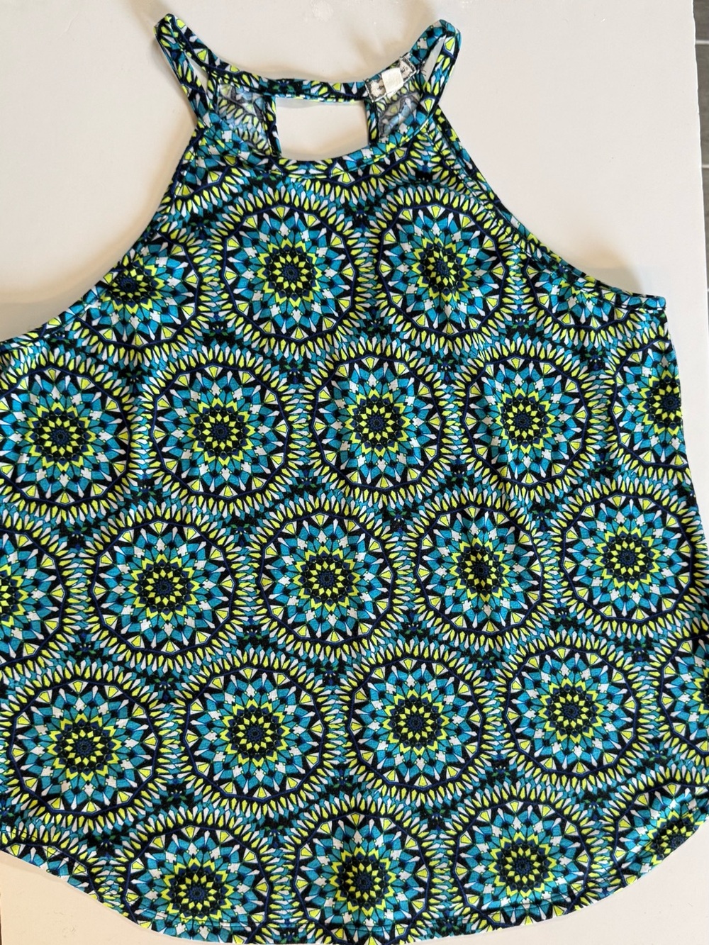 Eyeshadow Blue and Lime Geometric Halter Tank Top / Size Large